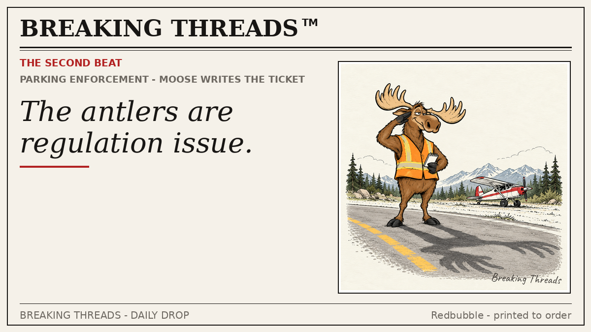 Bonus panel: moose in a hi-vis vest writing a ticket beside a bush plane; headline "The antlers are regulation issue."