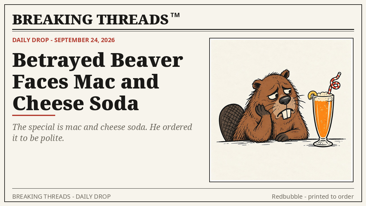 Cartoon beaver slumped at a diner table, chin on paw, staring glumly at a tall glass of orange mac-and-cheese soda with a curly striped straw.