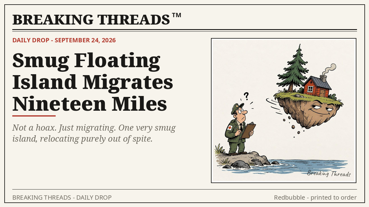 A floating island with a smug face, cabin and pine tree drifts past a baffled park ranger with a clipboard.