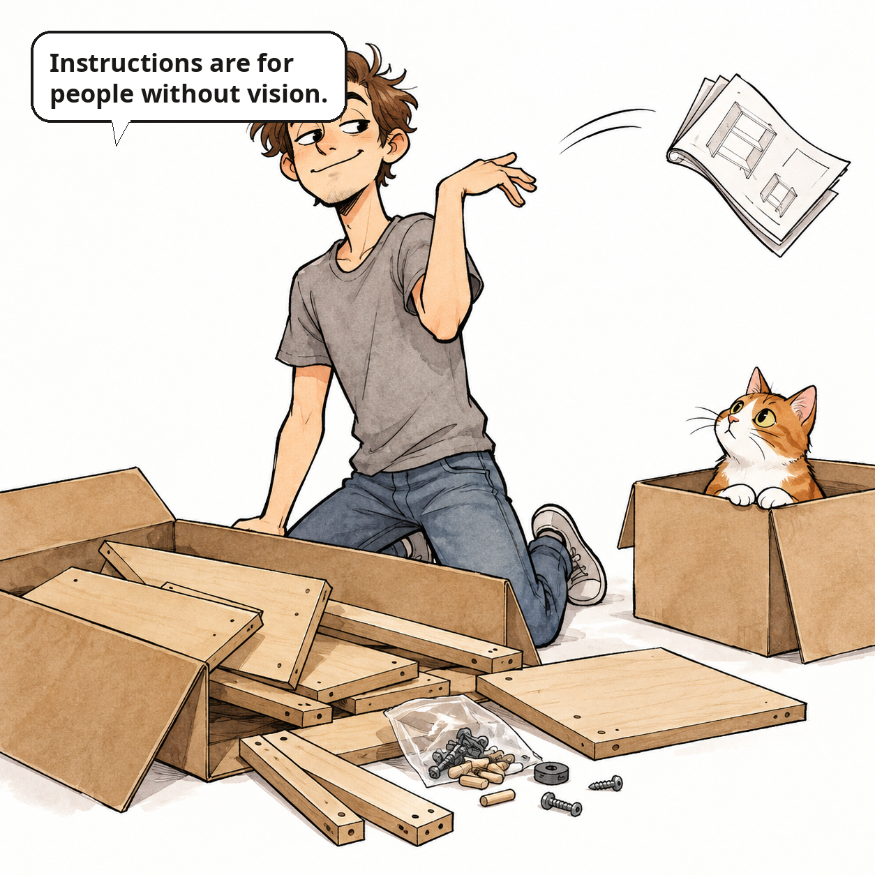 Panel 1: a confident young man tosses the instruction manual over his shoulder as he opens a flat-pack box; a cat watches from a second box.